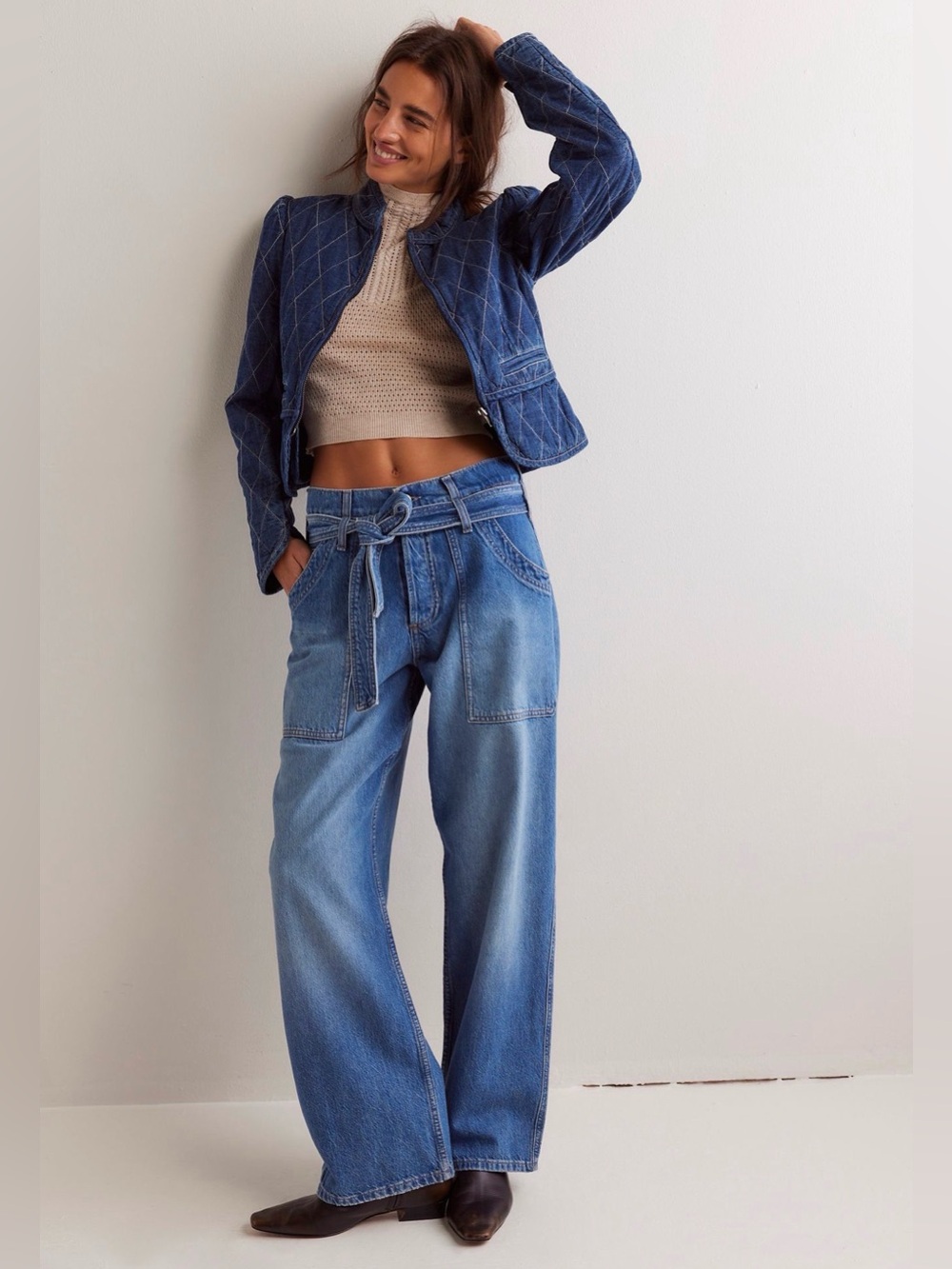 Free People We The Free Blue Jay Belted Boyfriend High Rise Wide Leg Jeans 30
